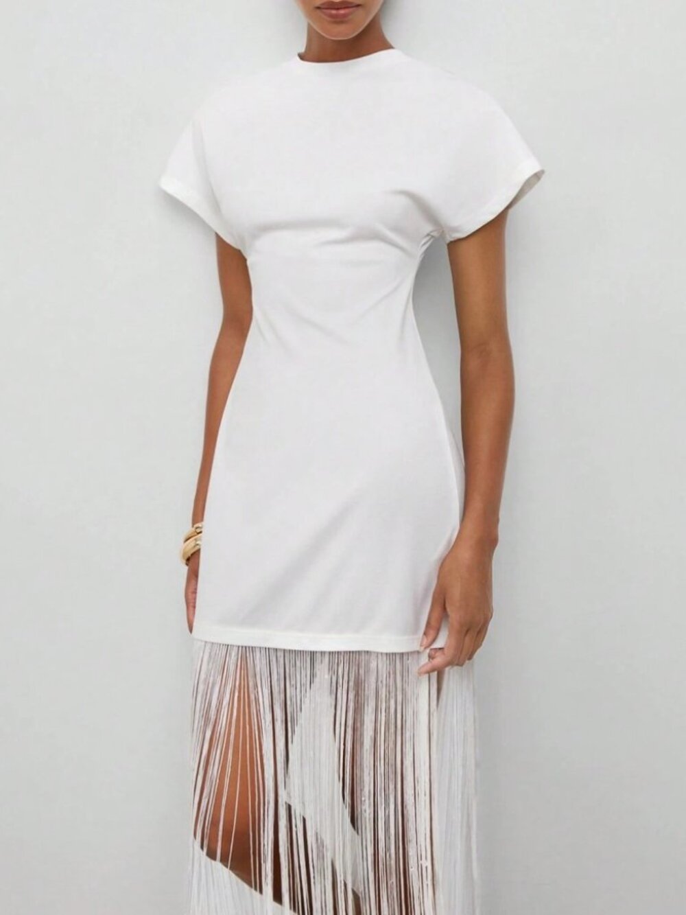 White Knit Fringe Hem Mini Dress - Picture 4 of 6
